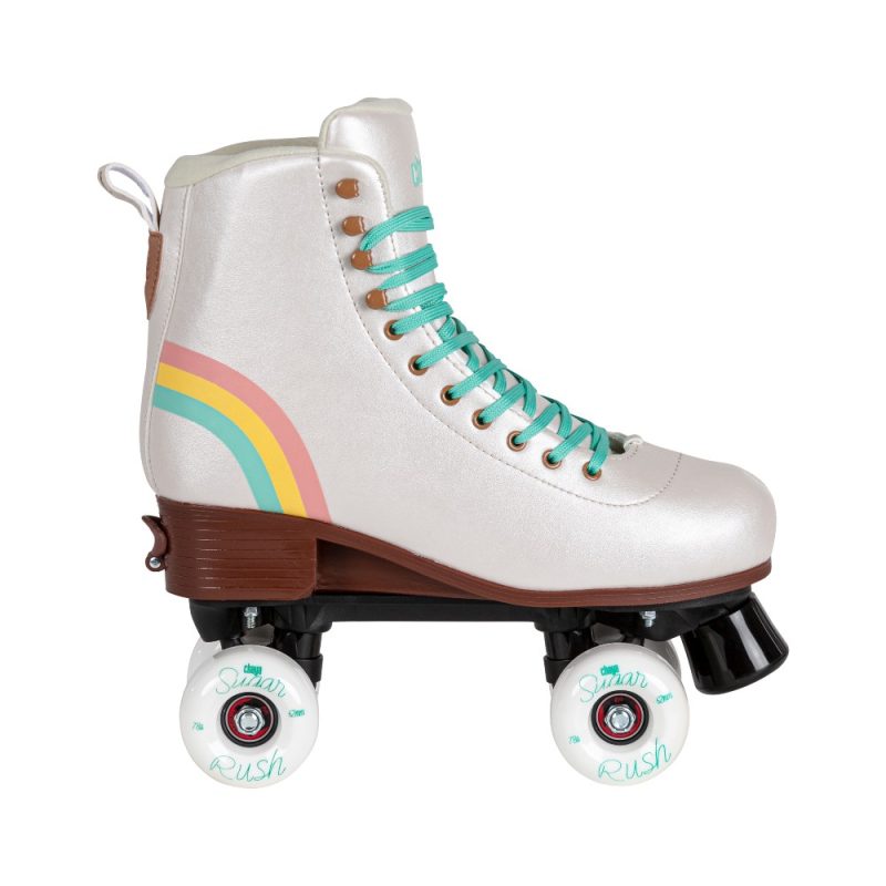 Chaya Bliss Vanilla - Quad Roller Skates|Τετράγωνα πατίνια με 4 ρόδες μπεζ με γαλάζια κορδόνια και ουράνιο τόξο | Rollaround