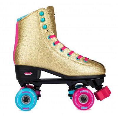 Rookie Bump Rollerdisco Gold Quad Roller Skates -Χρυσά τετράγωνα πατίνια με 4 ρόδες, glitter και φούξια κορδόνια|Rollaround